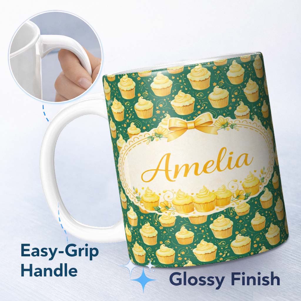 Personalized Custom Name Cupcake Dessert Seamless Pattern Dark Green Sweet Food Illustration 11oz Ceramic Coffee Tea Mug White Large Handle