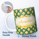 Personalized Custom Name Cupcake Dessert Seamless Pattern Dark Green Sweet Food Illustration 11oz Ceramic Coffee Tea Mug White Large Handle