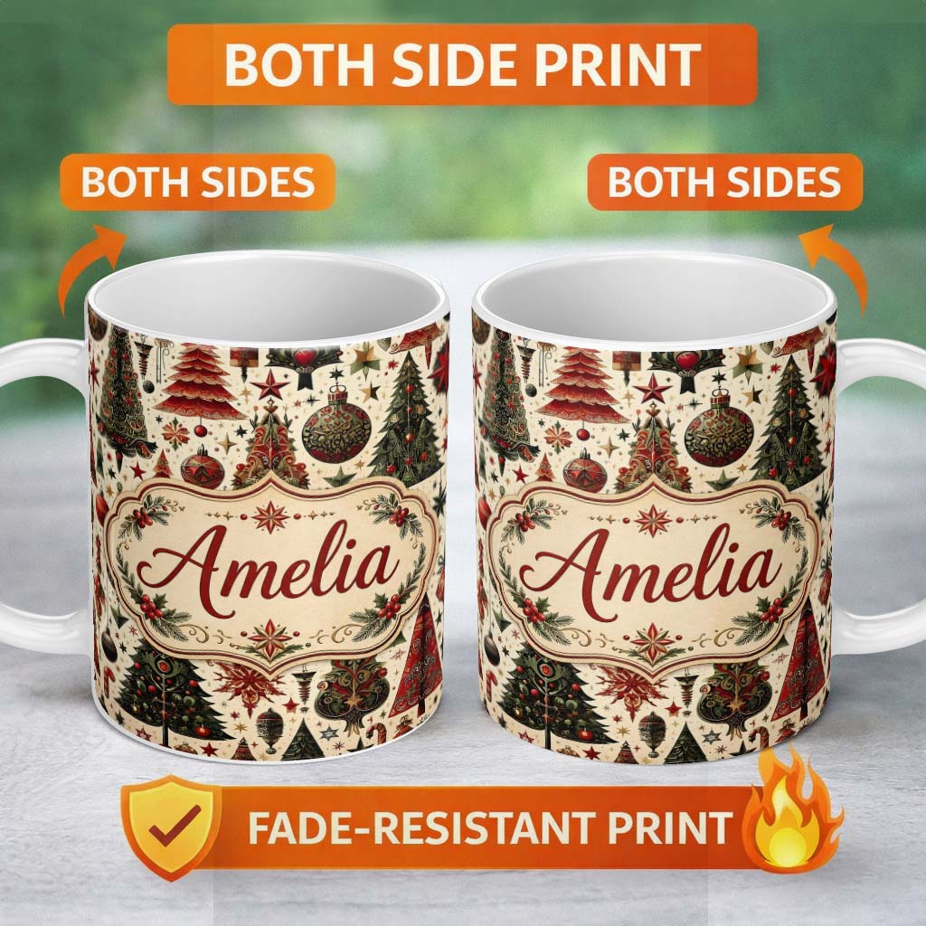 Personalized Custom Name Ornate Christmas Trees Baubles Stars Vintage Seamless Pattern Lovely 11oz Ceramic Coffee Tea Mug White Large Handle