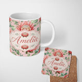 Personalized Custom Name Coral Protea Flowers on Warm Nude Background Seamless Botanical 11oz Ceramic Coffee Tea Mug White Large Handle