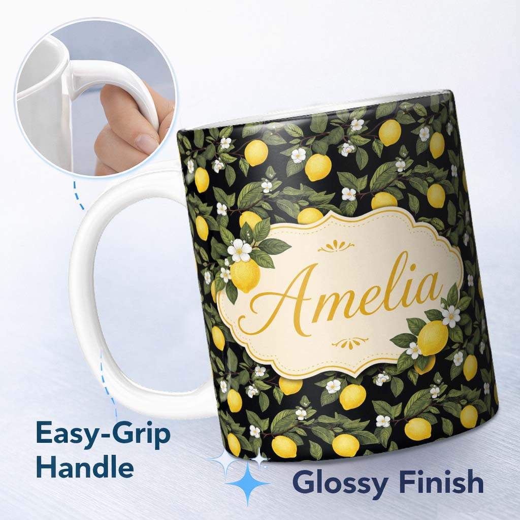 Personalized Custom Name Detailed Lemon Branches on Black Background Vintage Botanical Lovely 11oz Ceramic Coffee Tea Mug White Large Handle
