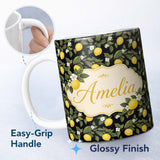 Personalized Custom Name Detailed Lemon Branches on Black Background Vintage Botanical Lovely 11oz Ceramic Coffee Tea Mug White Large Handle