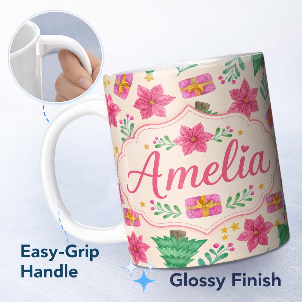 Personalized Custom Name Watercolor Christmas Tree Poinsettia Gift Seamless Pattern Lovely 11oz Ceramic Coffee Tea Mug White Large Handle