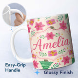 Personalized Custom Name Watercolor Christmas Tree Poinsettia Gift Seamless Pattern Lovely 11oz Ceramic Coffee Tea Mug White Large Handle