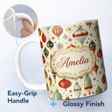 Personalized Custom Name Vintage Christmas Baubles Ornaments Stars Elegant Holiday Seamless 11oz Ceramic Coffee Tea Mug White Large Handle