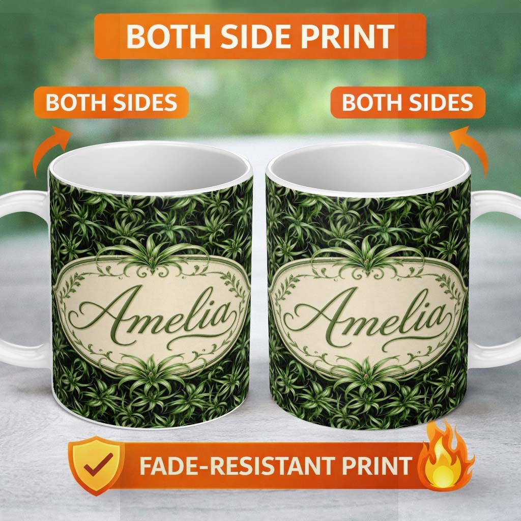 Personalized Custom Name Dark Green Spider Plant Leaves Dense Jungle Seamless Pattern Design 11oz Ceramic Coffee Tea Mug White Large Handle