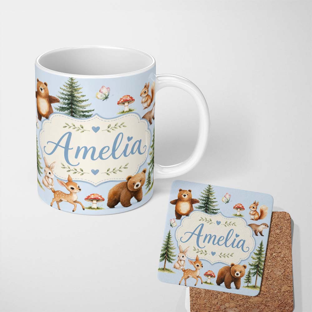 Personalized Custom Name Bear Bunny Squirrel Trees Mushrooms Butterfly Soft Blue Seamless 11oz Ceramic Coffee Tea Mug White Large Handle