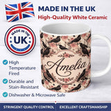 Personalized Custom Name Gothic Raven and Pink Roses Vintage Seamless Pattern Lovely 11oz Ceramic Coffee Tea Mug White Large Handle
