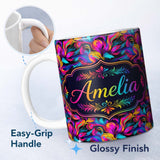 Personalized Custom Name Abstract Fluid Paint Swirl Neon Colors on Dark Background Seamless 11oz Ceramic Coffee Tea Mug White Large Handle