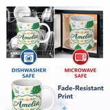 Personalized Custom Name Decorated Christmas Trees Stars Snowflakes Festive Seamless Pattern 11oz Ceramic Coffee Tea Mug White Large Handle