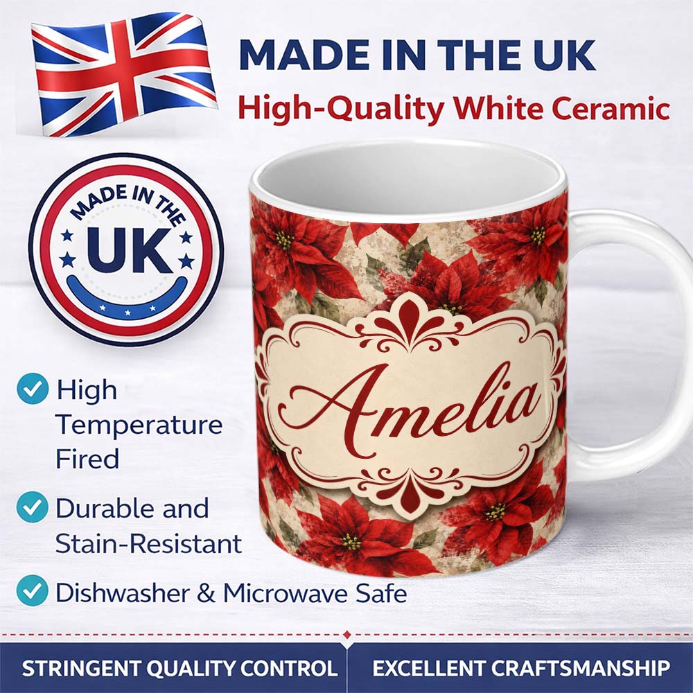 Personalized Custom Name Watercolour Red Poinsettia and Leaves Soft Festive Seamless Pattern 11oz Ceramic Coffee Tea Mug White Large Handle