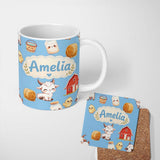 Personalized Custom Name Cute Farm Goat Barn Hay Bale Chick Sky Blue Background Seamless 11oz Ceramic Coffee Tea Mug White Large Handle