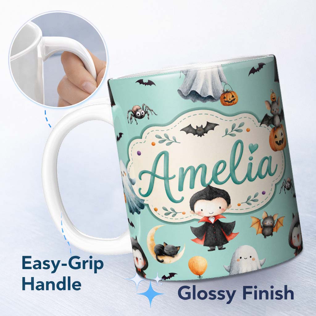 Personalized Custom Name Halloween Vampire Ghost Bats Spooky Characters Mint Green Seamless 11oz Ceramic Coffee Tea Mug White Large Handle