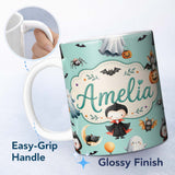 Personalized Custom Name Halloween Vampire Ghost Bats Spooky Characters Mint Green Seamless 11oz Ceramic Coffee Tea Mug White Large Handle