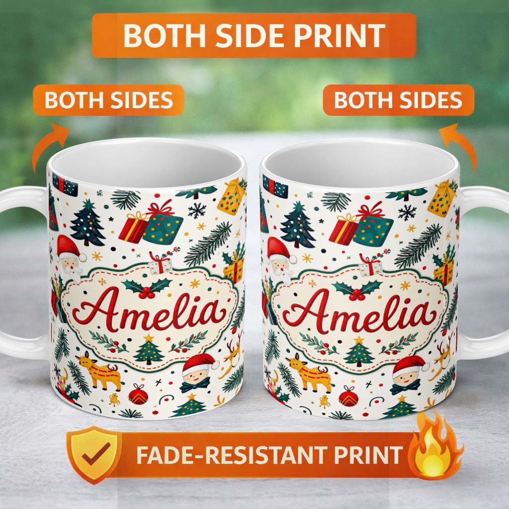 Personalized Custom Name Cute Santa Reindeer Gift Box Pine Branch Seamless Pattern Lovely 11oz Ceramic Coffee Tea Mug White Large Handle