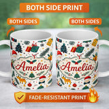 Personalized Custom Name Cute Santa Reindeer Gift Box Pine Branch Seamless Pattern Lovely 11oz Ceramic Coffee Tea Mug White Large Handle