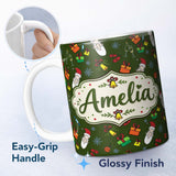 Personalized Custom Name Santa Claus Gifts Mittens Champagne Glass Snowflakes Festive Lovely 11oz Ceramic Coffee Tea Mug White Large Handle