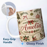 Personalized Custom Name Minimal Christmas Ornaments Pine Branches and Bows Seamless Pattern 11oz Ceramic Coffee Tea Mug White Large Handle