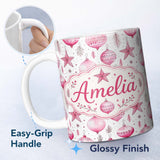 Personalized Custom Name Watercolor Pink Baubles Star Ornament Seamless Pattern Lovely 11oz Ceramic Coffee Tea Mug White Large Handle