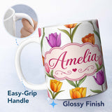 Personalized Custom Name Elegant Tulip Floral Seamless Pattern Light Grey Background Spring 11oz Ceramic Coffee Tea Mug White Large Handle
