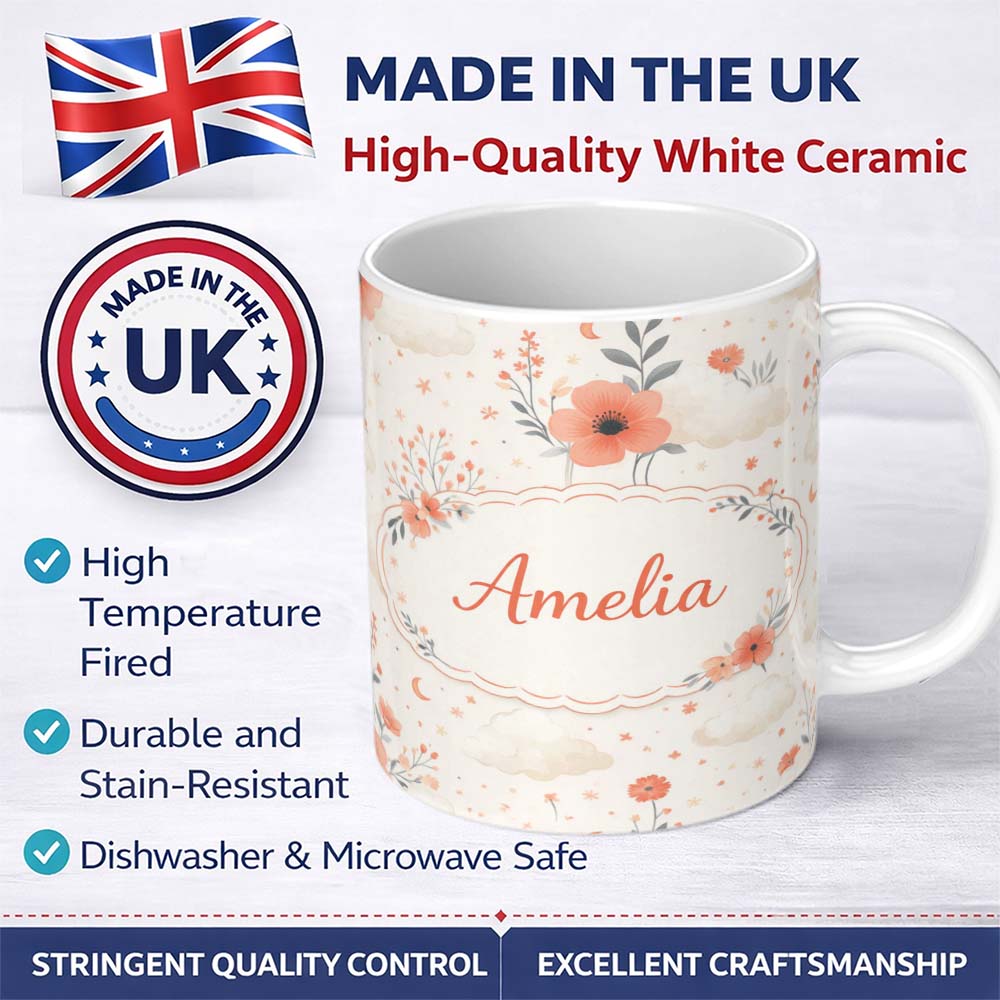 Personalized Custom Name Watercolour Floral Cloud Pattern Soft Peach Tones Cute Unique Gift 11oz Ceramic Coffee Tea Mug White Large Handle