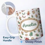 Personalized Custom Name Cute Gingerbread Cookies Stars Tree House Seamless Pattern Lovely 11oz Ceramic Coffee Tea Mug White Large Handle