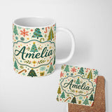 Personalized Custom Name Playful Christmas Trees Candy Canes Snowflakes Festive Seamless 11oz Ceramic Coffee Tea Mug White Large Handle