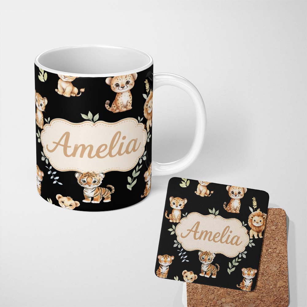 Personalized Custom Name Adorable Baby Jungle Animals with Leaves on Black Background Lovely 11oz Ceramic Coffee Tea Mug White Large Handle