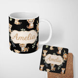 Personalized Custom Name Adorable Baby Jungle Animals with Leaves on Black Background Lovely 11oz Ceramic Coffee Tea Mug White Large Handle