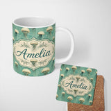 Personalized Custom Name Style Jellyfish Illustration on Muted Green Background Ocean Lovely 11oz Ceramic Coffee Tea Mug White Large Handle
