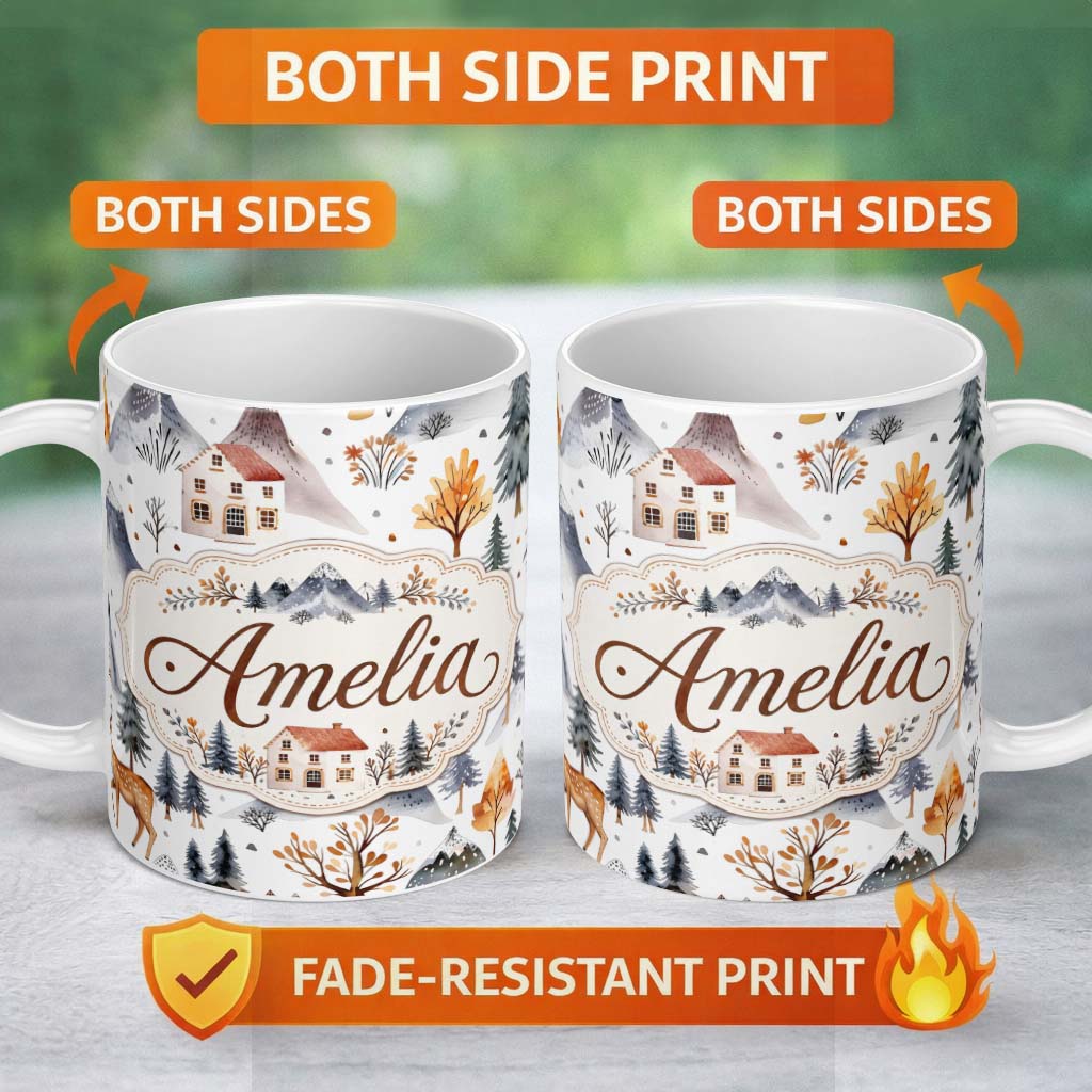Personalized Custom Name Watercolor Winter Landscape Houses Mountains Trees Seamless Pattern 11oz Ceramic Coffee Tea Mug White Large Handle