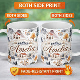 Personalized Custom Name Watercolor Winter Landscape Houses Mountains Trees Seamless Pattern 11oz Ceramic Coffee Tea Mug White Large Handle