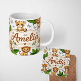Personalized Custom Name Cute Jungle Animals Lion Tiger Leopard Tropical Leaves Light Grey 11oz Ceramic Coffee Tea Mug White Large Handle
