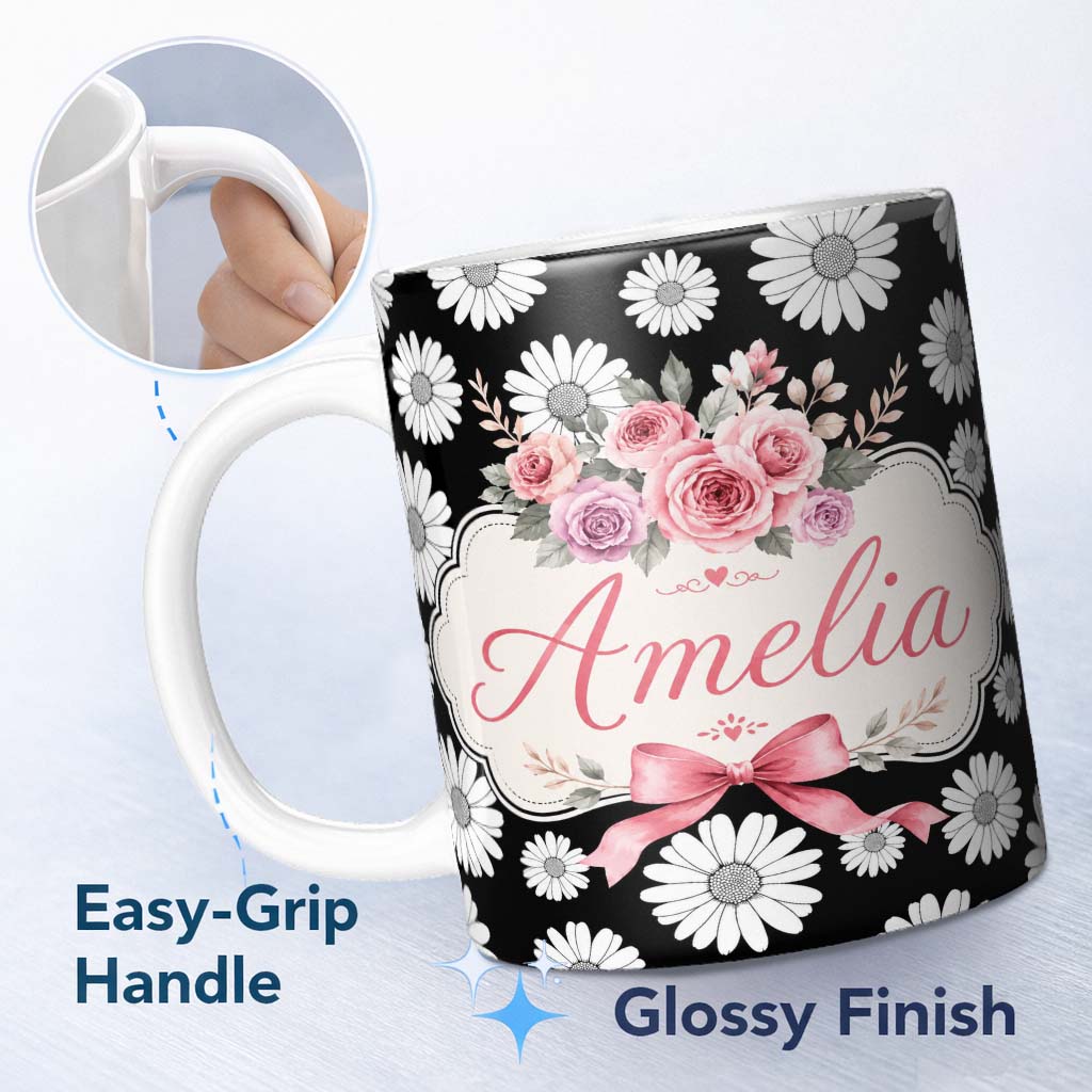 Personalized Custom Name Monochrome Daisy Flower Pattern Black Background Seamless Pattern 11oz Ceramic Coffee Tea Mug White Large Handle
