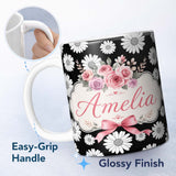 Personalized Custom Name Monochrome Daisy Flower Pattern Black Background Seamless Pattern 11oz Ceramic Coffee Tea Mug White Large Handle