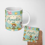 Personalized Custom Name Cute Farm Girl Animals Harvest Seamless Pattern Mint Background 11oz Ceramic Coffee Tea Mug White Large Handle