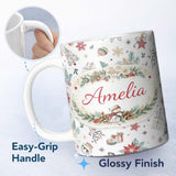 Personalized Custom Name Christmas Icons Pattern Snowflakes Gifts Baubles Seamless Design 11oz Ceramic Coffee Tea Mug White Large Handle