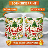 Personalized Custom Name Stylized Christmas Trees with Baubles and Ornaments Cute Seamless 11oz Ceramic Coffee Tea Mug White Large Handle