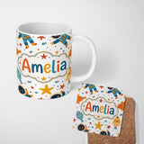 Personalized Custom Name Cute Astronaut Fish Starfish Seamless Pattern Cute Unique Gift 11oz Ceramic Coffee Tea Mug White Large Handle