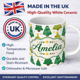Personalized Custom Name Cute Mixed Christmas Trees Colorful Festive Seamless Pattern Lovely 11oz Ceramic Coffee Tea Mug White Large Handle