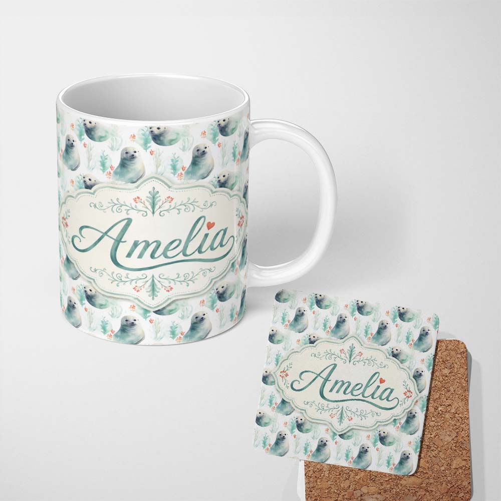 Personalized Custom Name Painterly Seals Swimming in Deep Blue Ocean Artistic Seamless Lovely 11oz Ceramic Coffee Tea Mug White Large Handle