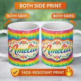 Personalized Custom Name Layered Rainbow Feather Brush Texture Seamless Pattern Lovely 11oz Ceramic Coffee Tea Mug White Large Handle