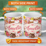 Personalized Custom Name Cute Kawaii Food Characters Seamless Pattern Cream Background Fun 11oz Ceramic Coffee Tea Mug White Large Handle