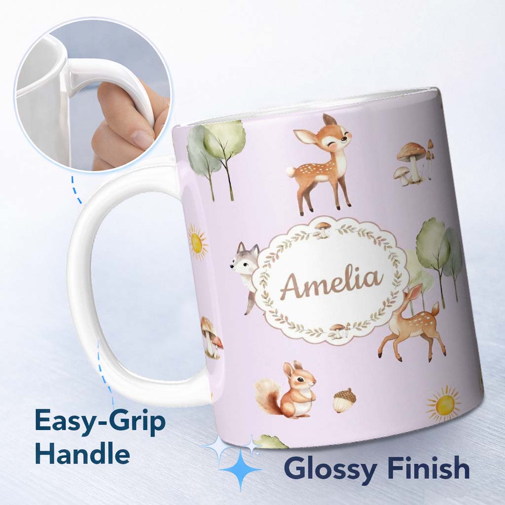 Personalized Custom Name Cute Woodland Deer Fox Mushroom Seamless Pattern on Pastel Lavender 11oz Ceramic Coffee Tea Mug White Large Handle