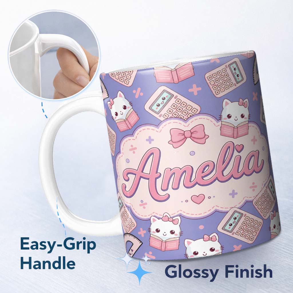 Personalized Custom Name Cute Kawaii Maths Cat Calculator Ruler Seamless Pattern Purple 11oz Ceramic Coffee Tea Mug White Large Handle