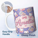 Personalized Custom Name Cute Kawaii Maths Cat Calculator Ruler Seamless Pattern Purple 11oz Ceramic Coffee Tea Mug White Large Handle