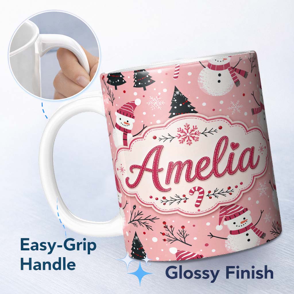 Personalized Custom Name Cute Snowman Candy Cane Christmas Tree Seamless Pattern Lovely 11oz Ceramic Coffee Tea Mug White Large Handle