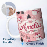 Personalized Custom Name Cute Snowman Candy Cane Christmas Tree Seamless Pattern Lovely 11oz Ceramic Coffee Tea Mug White Large Handle
