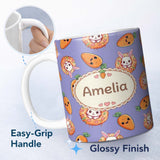 Personalized Custom Name Cute Easter Bunny Carrot Donut Hearts Pattern Lavender Purple Lovely 11oz Ceramic Coffee Tea Mug White Large Handle