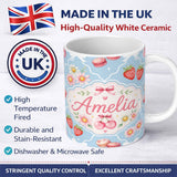 Personalized Custom Name Cute Strawberry Cherry Daisy Floral Bow Sweet Dessert Dusty Blue 11oz Ceramic Coffee Tea Mug White Large Handle